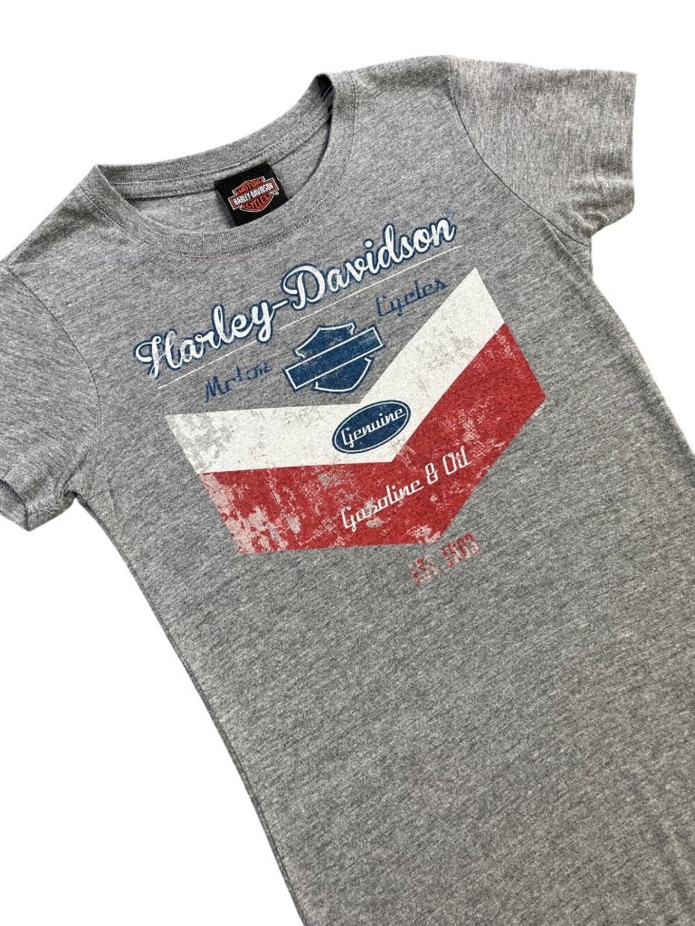 Harley-Davidson Womens Gray Graphic Tee With Chevron Design Gasoline & Oil Logo